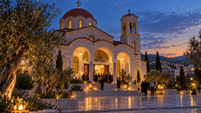 Εορταστικός φωτισμός σε ορθόδοξο ναό αστικής γειτονιάς για την πανήγυρη του Τιμίου Σταυρού