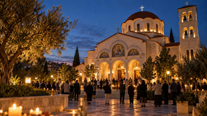 Ορθόδοξος ναός φωτισμένος το σούρουπο με πιστούς στον προαύλιο χώρο