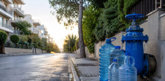 Αγία Παρασκευή–Κηφισιά: Έκτακτες διακοπές νερού έως τις 15:00 Μπλε βαλβίδα ύδρευσης και δοχεία νερού σε δρόμο των βορείων προαστίων