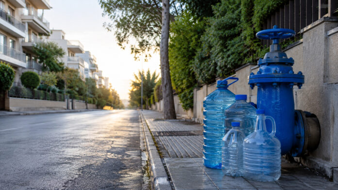 Μπλε βαλβίδα ύδρευσης και δοχεία νερού σε δρόμο των βορείων προαστίων