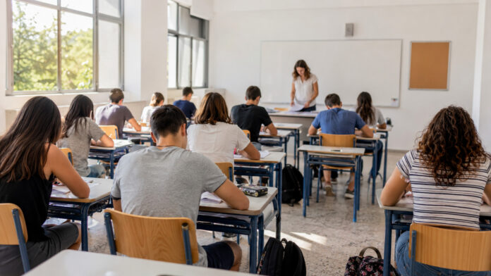 Μαθητές σε οργανωμένη σχολική αίθουσα κατά τη διάρκεια γραπτής δοκιμασίας