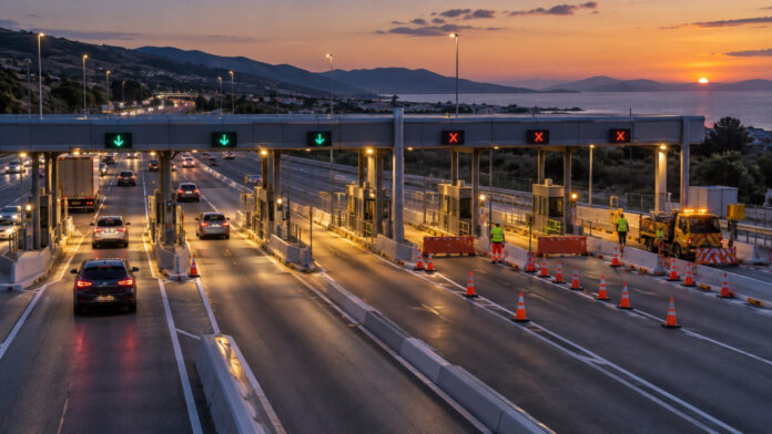 Λωρίδες διοδίων σε αυτοκινητόδρομο με κώνους και συνεργείο συντήρησης