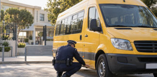 ΕΛ.ΑΣ.: 457 παραβάσεις σε ελέγχους 2.263 σχολικών λεωφορείων Αστυνομικός ελέγχει σχολικό λεωφορείο έξω από σχολικό συγκρότημα