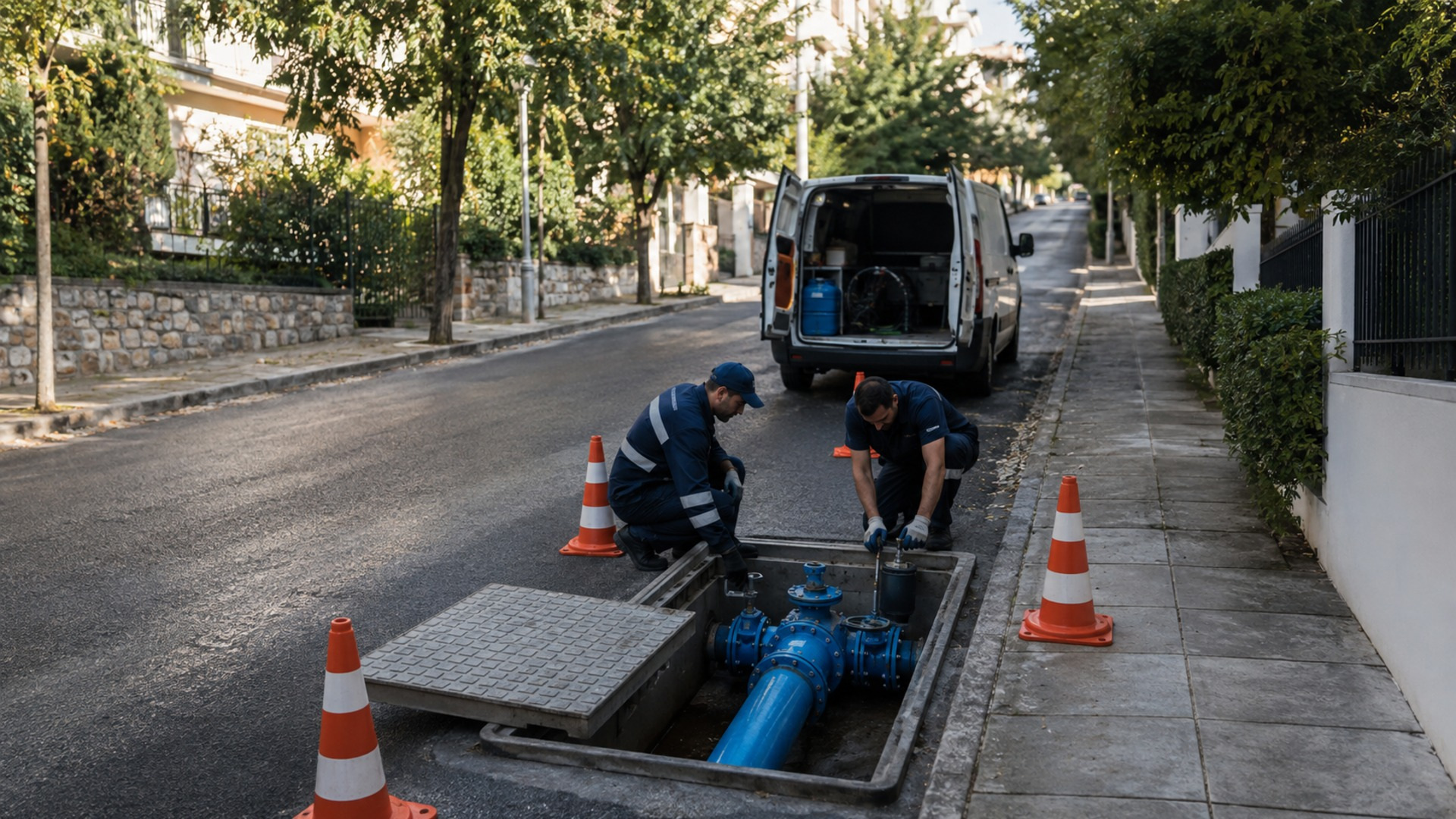 Συνεργείο ύδρευσης ελέγχει αγωγό σε κατοικημένο δρόμο των βορείων προαστίων