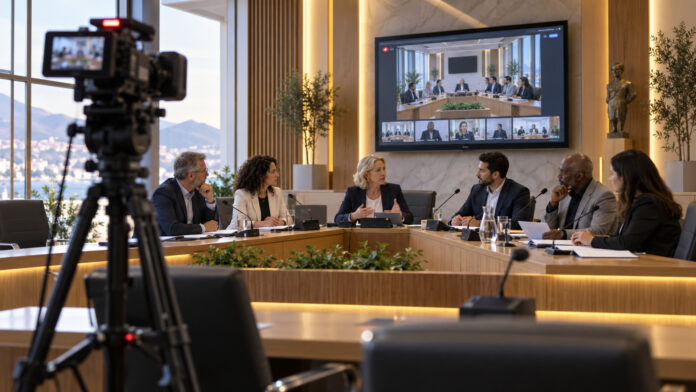 Δημοτική επιτροπή συνεδριάζει σε αίθουσα με κάμερα ζωντανής μετάδοσης