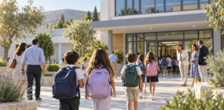 Φιλοθέη–Ψυχικό: Πρώτο κουδούνι στα σχολεία της πόλης Μαθητές με σχολικές τσάντες κατευθύνονται σε φωτεινή σχολική είσοδο