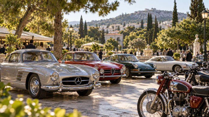 Κλασικά αυτοκίνητα και μοτοσικλέτες σε καταπράσινη αστική πλατεία