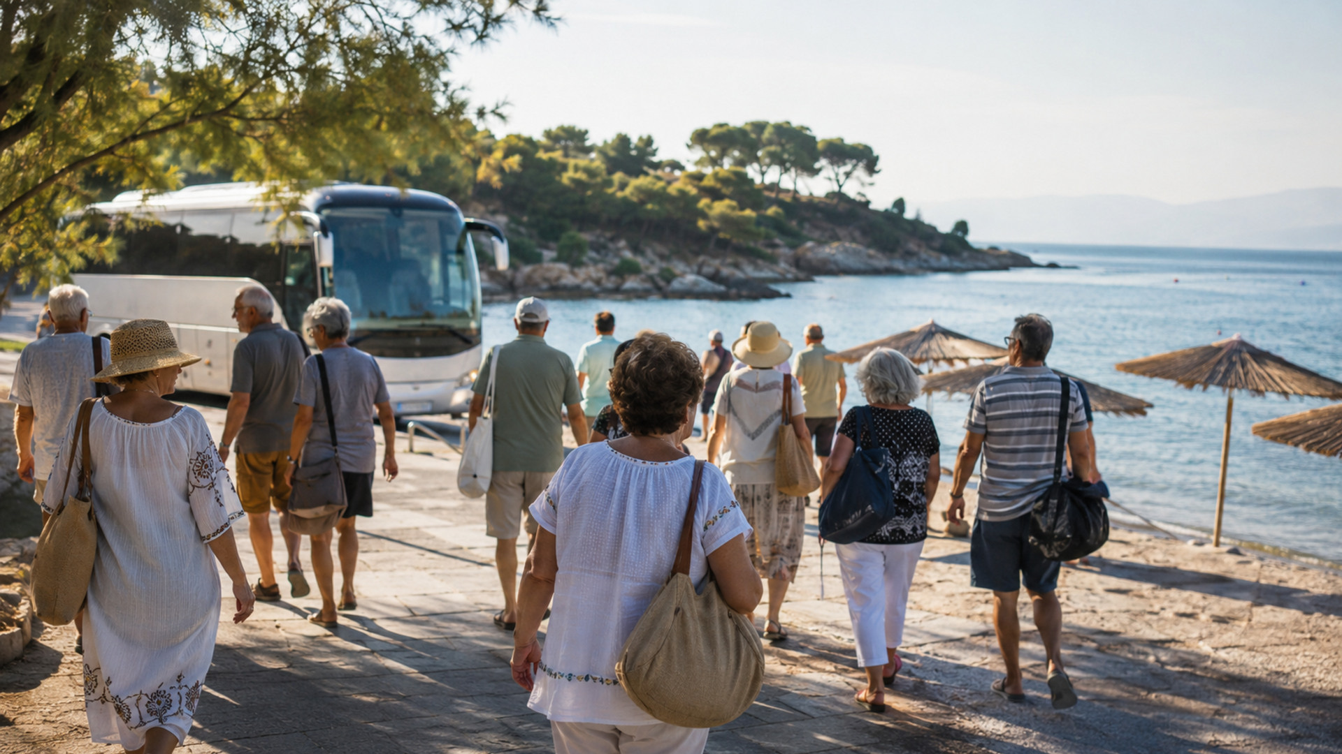 Κάτοικοι φθάνουν με λεωφορείο σε παραλία για οργανωμένα θαλάσσια μπάνια