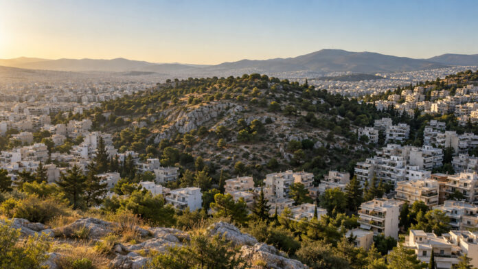 Πράσινη λοφώδης έκταση μέσα στον πυκνό αστικό ιστό της Αθήνας