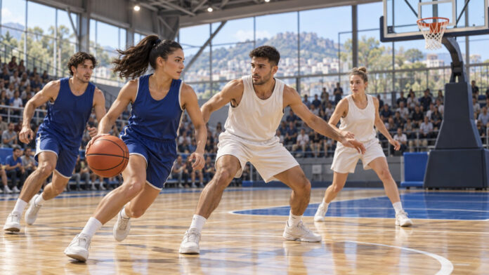 Αθλητές αγωνίζονται σε γήπεδο μπάσκετ 3×3 με κοινό στις εξέδρες