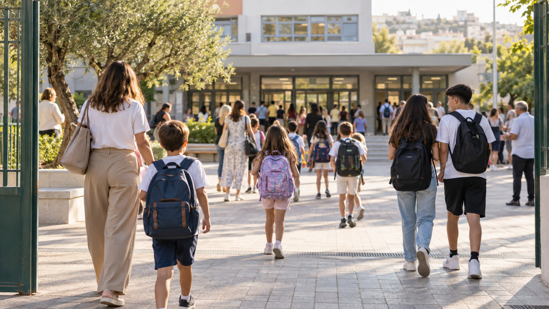 Μαθητές και οικογένειες προσέρχονται σε σχολικό συγκρότημα για την έναρξη της χρονιάς
