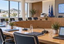 Γαλάτσι: Σχολικός εξοπλισμός και καύσιμα στη Δημοτική Επιτροπή Σύγχρονη αίθουσα συνεδριάσεων με φακέλους, μικρόφωνα και εξοπλισμό γραφείου