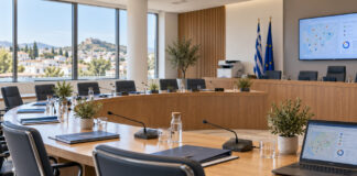 Γαλάτσι: Σχολικός εξοπλισμός και καύσιμα στη Δημοτική Επιτροπή Σύγχρονη αίθουσα συνεδριάσεων με φακέλους, μικρόφωνα και εξοπλισμό γραφείου