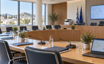 Γαλάτσι: Σχολικός εξοπλισμός και καύσιμα στη Δημοτική Επιτροπή Σύγχρονη αίθουσα συνεδριάσεων με φακέλους, μικρόφωνα και εξοπλισμό γραφείου
