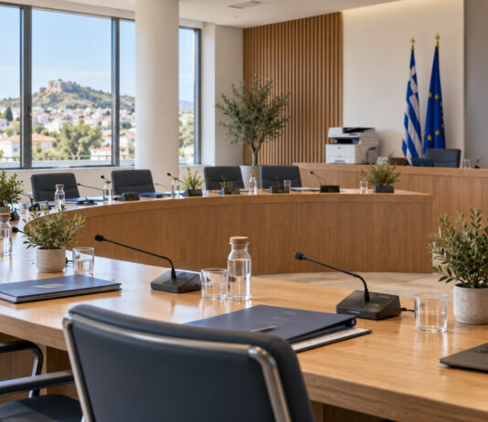 Γαλάτσι: Σχολικός εξοπλισμός και καύσιμα στη Δημοτική Επιτροπή Σύγχρονη αίθουσα συνεδριάσεων με φακέλους, μικρόφωνα και εξοπλισμό γραφείου