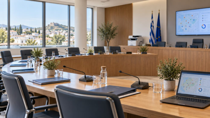 Σύγχρονη αίθουσα συνεδριάσεων με φακέλους, μικρόφωνα και εξοπλισμό γραφείου
