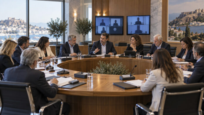 Συνεδρίαση δημοτικής επιτροπής με μέλη γύρω από τραπέζι και σύνδεση τηλεδιάσκεψης