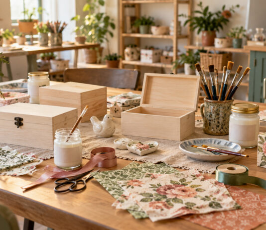 Γαλάτσι: Αιτήσεις για εργαστήρι decoupage και χειροτεχνίας Ξύλινα κουτιά, πινέλα και διακοσμητικά υλικά σε τραπέζι χειροτεχνίας