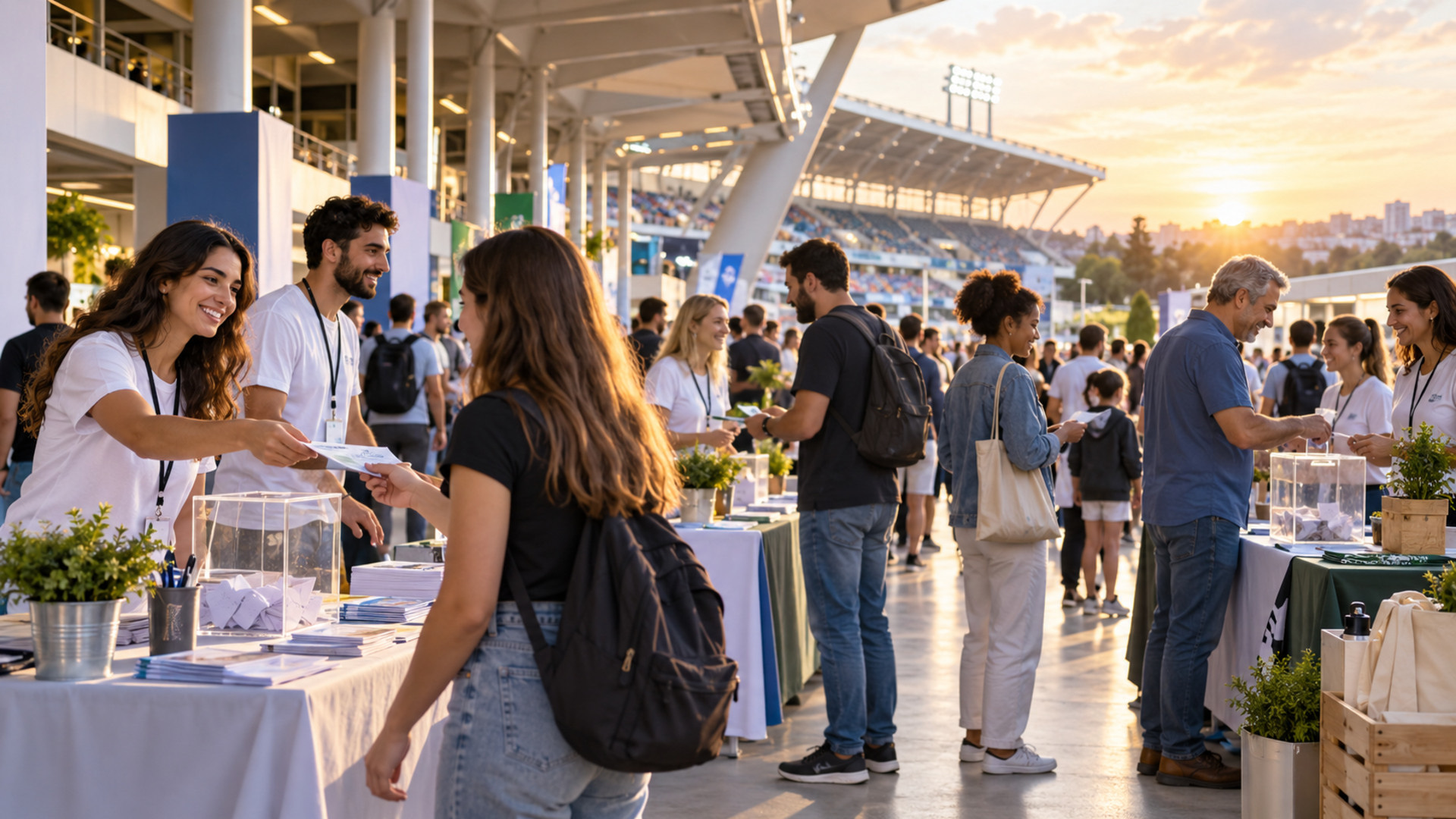 Εθελοντές και επισκέπτες σε περίπτερα κοινωνικών δράσεων έξω από αθλητικό συγκρότημα