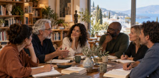 Γαλάτσι: Νέα λέσχη ανάγνωσης και δημιουργικής γραφής για 15 ενήλικες Ενήλικες συζητούν γύρω από τραπέζι με ανοιχτά βιβλία και τετράδια σε λέσχη ανάγνωσης