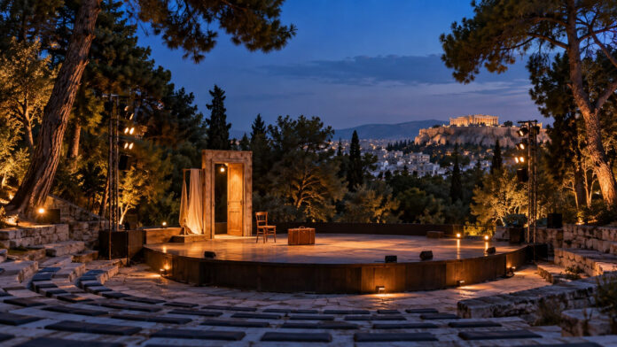 Φωτισμένη υπαίθρια θεατρική σκηνή με βαλίτσα και καρέκλα σε καταπράσινο αθηναϊκό τοπίο