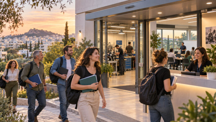 Ενήλικοι εκπαιδευόμενοι προσέρχονται σε σύγχρονο χώρο επαγγελματικής κατάρτισης στην Αθήνα