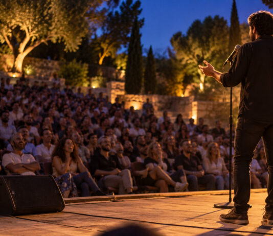 Γαλάτσι: Ο Λάμπρος Φισφής στο Άλσος Βεΐκου με ελεύθερη είσοδο Κωμικός σε φωτισμένη σκηνή με μικρόφωνο μπροστά σε κοινό