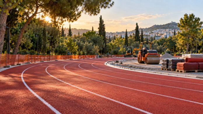 Στίβος σε καταπράσινο αστικό πάρκο κατά τη διάρκεια εργασιών ανακατασκευής