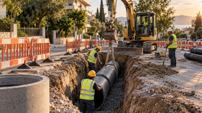 Συνεργείο τοποθετεί νέο αγωγό αποχέτευσης σε ασφαλισμένο εργοτάξιο αστικού δρόμου