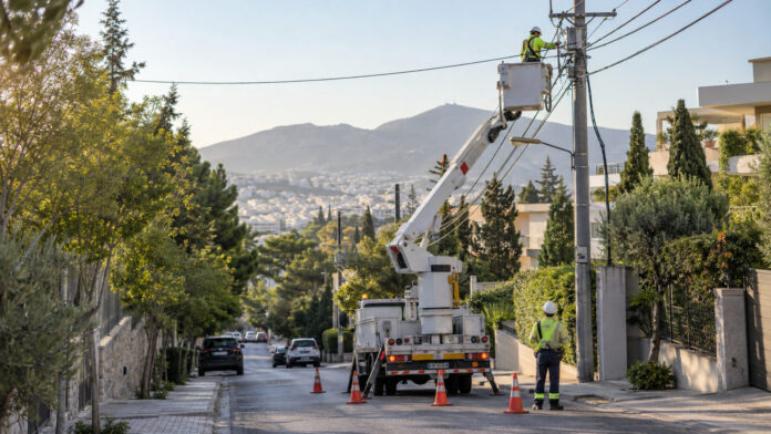 Συνεργείο ηλεκτρικού δικτύου εκτελεί εργασίες συντήρησης σε δρόμο κατοικιών