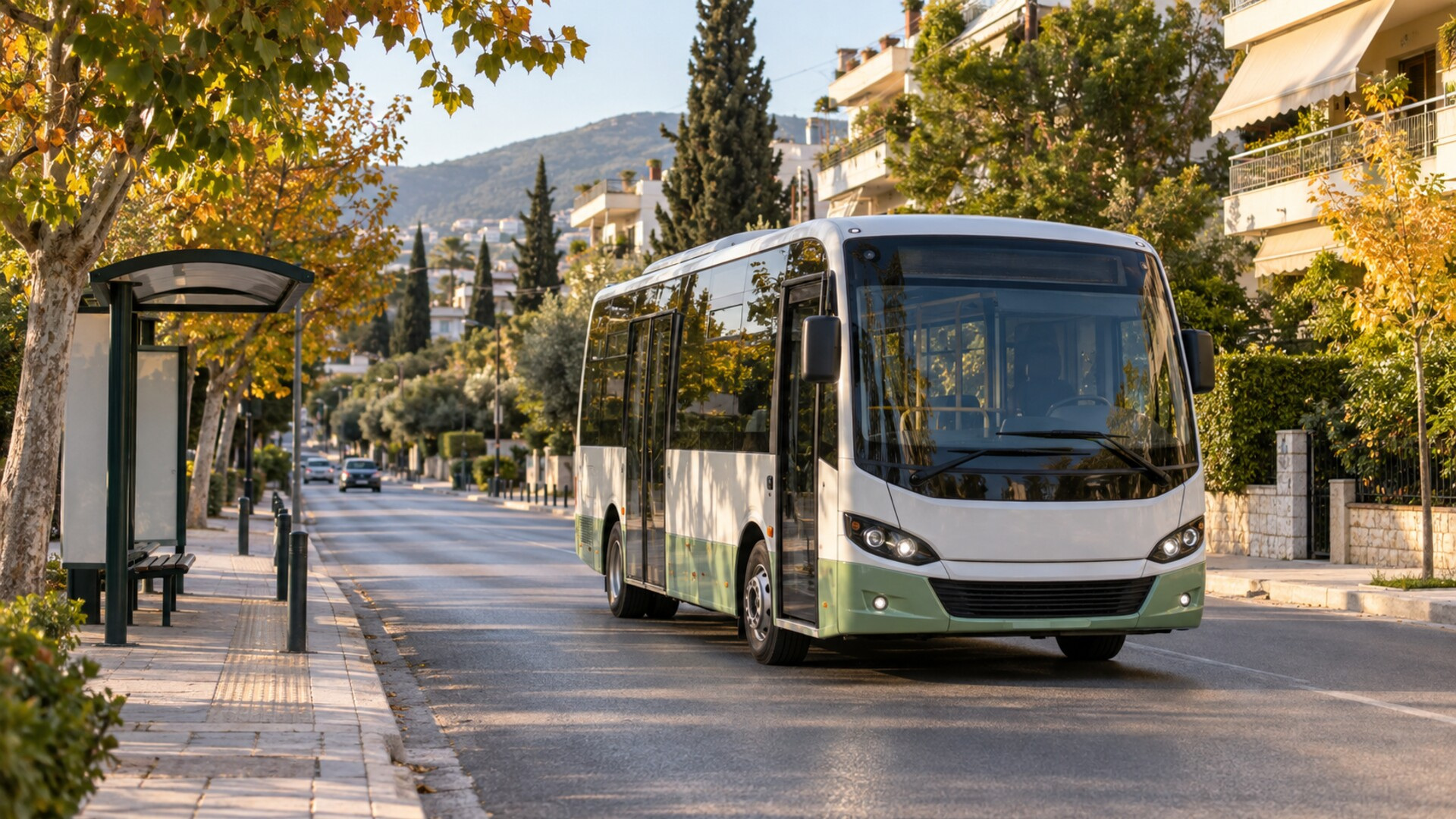 Αστικό λεωφορείο σε πράσινη διαδρομή της βόρειας Αθήνας