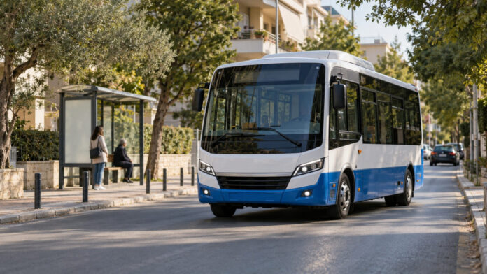 Δημοτικό λεωφορείο κινείται σε δενδροφυτεμένο δρόμο του Ηρακλείου Αττικής