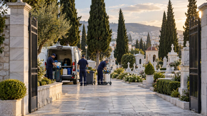 Συνεργείο καθαρισμού προετοιμάζει εξοπλισμό σε δημοτικό κοιμητήριο