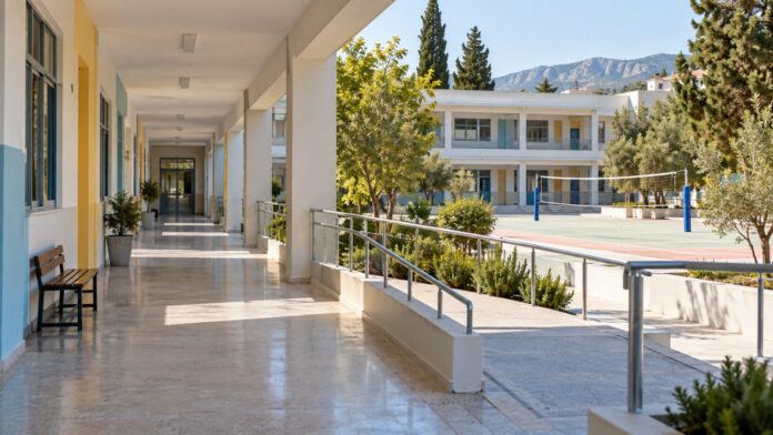 Ανανεωμένο σχολικό κτίριο με φωτεινό διάδρομο και οργανωμένη αυλή