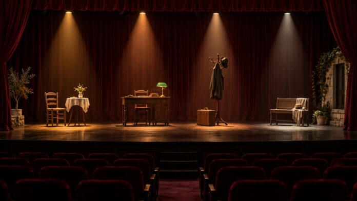 iraklio-theatriki-skini-monoprakta-20260915-1930-1920x1080-1 Θεατρική σκηνή με τέσσερις φωτισμένες ενότητες σκηνικών αντικειμένων και κόκκινες κουρτίνες