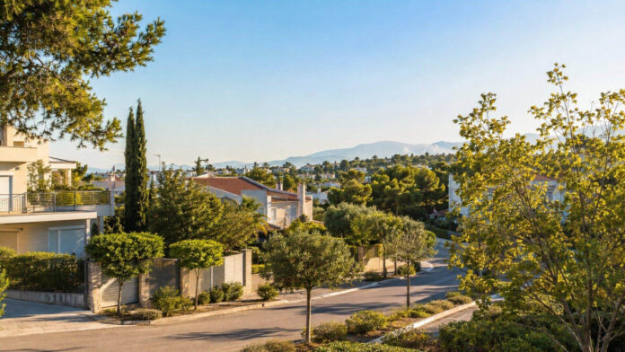 Ηλιόλουστη και καταπράσινη γειτονιά των βορείων προαστίων με καθαρό ουρανό και ορεινό ορίζοντα