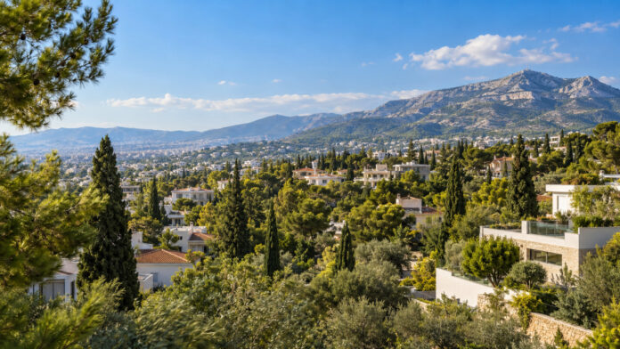 Ηλιόλουστη θέα των πράσινων βορείων προαστίων με την Πεντέλη και λίγες νεφώσεις