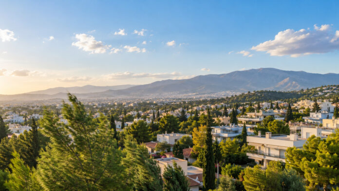 Ηλιόλουστη πρωινή θέα στα βόρεια προάστια της Αττικής με λίγες νεφώσεις και βόρειο άνεμο