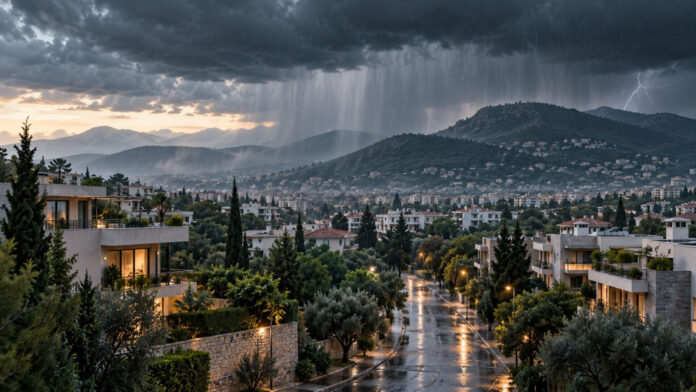 Βροχή και καταιγίδες πάνω από τις πράσινες γειτονιές των βορείων προαστίων της Αττικής