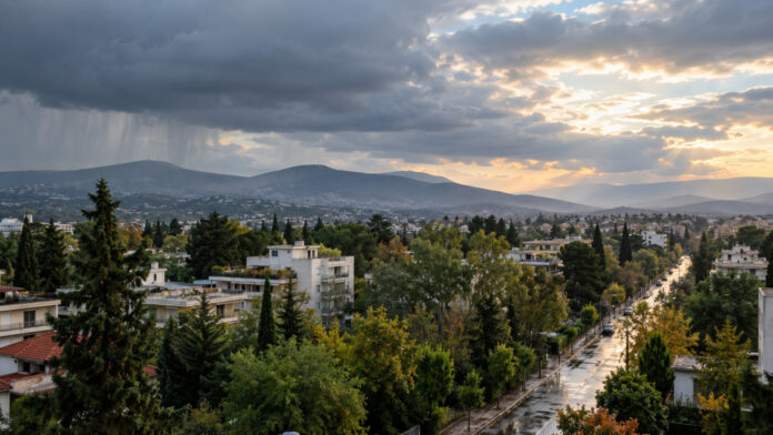 Βροχοφόρα σύννεφα υποχωρούν πάνω από τα βόρεια προάστια της Αθήνας καθώς ανοίγει ο ουρανός