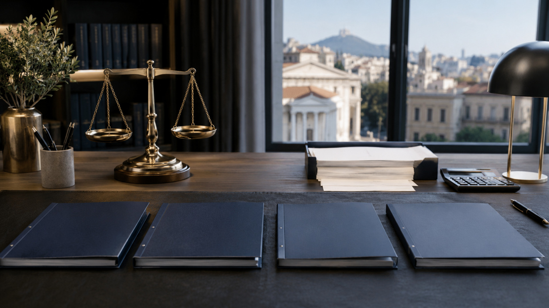 Τέσσερις κλειστοί νομικοί φάκελοι δίπλα σε ζυγαριά δικαιοσύνης σε γραφείο