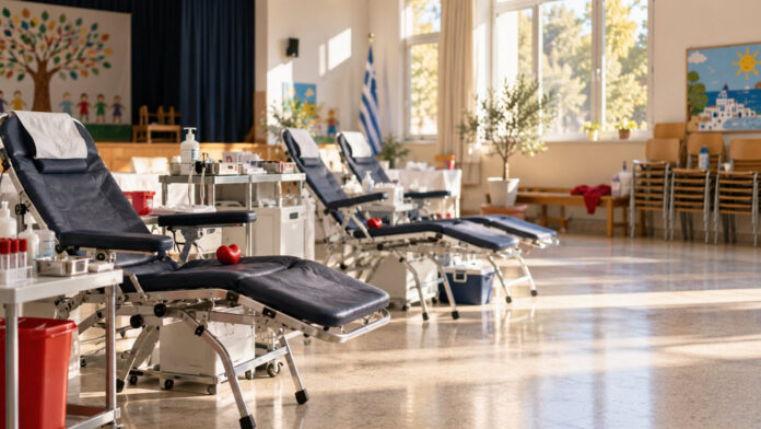 Χώρος εθελοντικής αιμοδοσίας διαμορφωμένος σε αίθουσα σχολείου