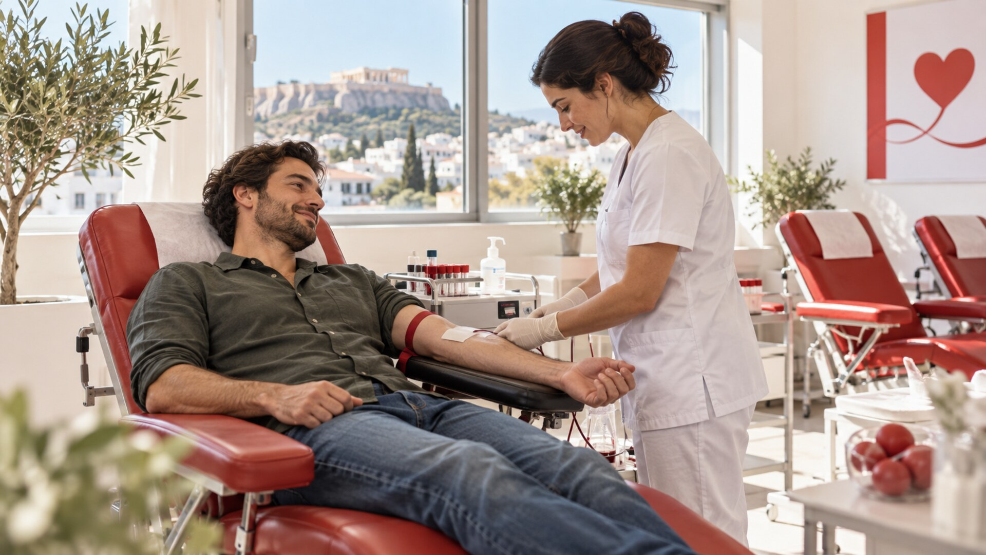 Εθελοντής αιμοδότης σε φωτεινό χώρο με επαγγελματία υγείας