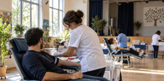 Κηφισιά: Εθελοντική αιμοδοσία στις 18 Σεπτεμβρίου Εθελοντής αιμοδότης και υγειονομικό προσωπικό σε οργανωμένη αίθουσα αιμοδοσίας