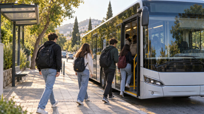 Φοιτητές με σακίδια επιβιβάζονται σε λεωφορείο δημοτικής μετακίνησης