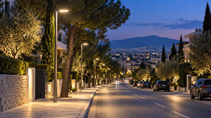 Σύγχρονα φωτιστικά LED σε δενδροφυτεμένη αστική λεωφόρο της βόρειας Αθήνας