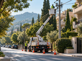Διακοπές ρεύματος σήμερα σε Κηφισιά και Μαρούσι Συνεργείο ηλεκτρικού δικτύου εργάζεται με καλαθοφόρο σε δενδροφυτεμένο δρόμο