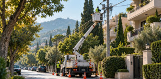 Διακοπές ρεύματος σήμερα σε Κηφισιά και Μαρούσι Συνεργείο ηλεκτρικού δικτύου εργάζεται με καλαθοφόρο σε δενδροφυτεμένο δρόμο