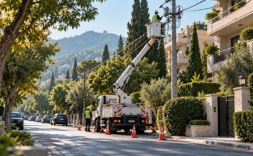 Διακοπές ρεύματος σήμερα σε Κηφισιά και Μαρούσι Συνεργείο ηλεκτρικού δικτύου εργάζεται με καλαθοφόρο σε δενδροφυτεμένο δρόμο