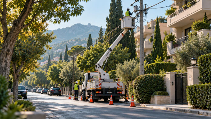Συνεργείο ηλεκτρικού δικτύου εργάζεται με καλαθοφόρο σε δενδροφυτεμένο δρόμο